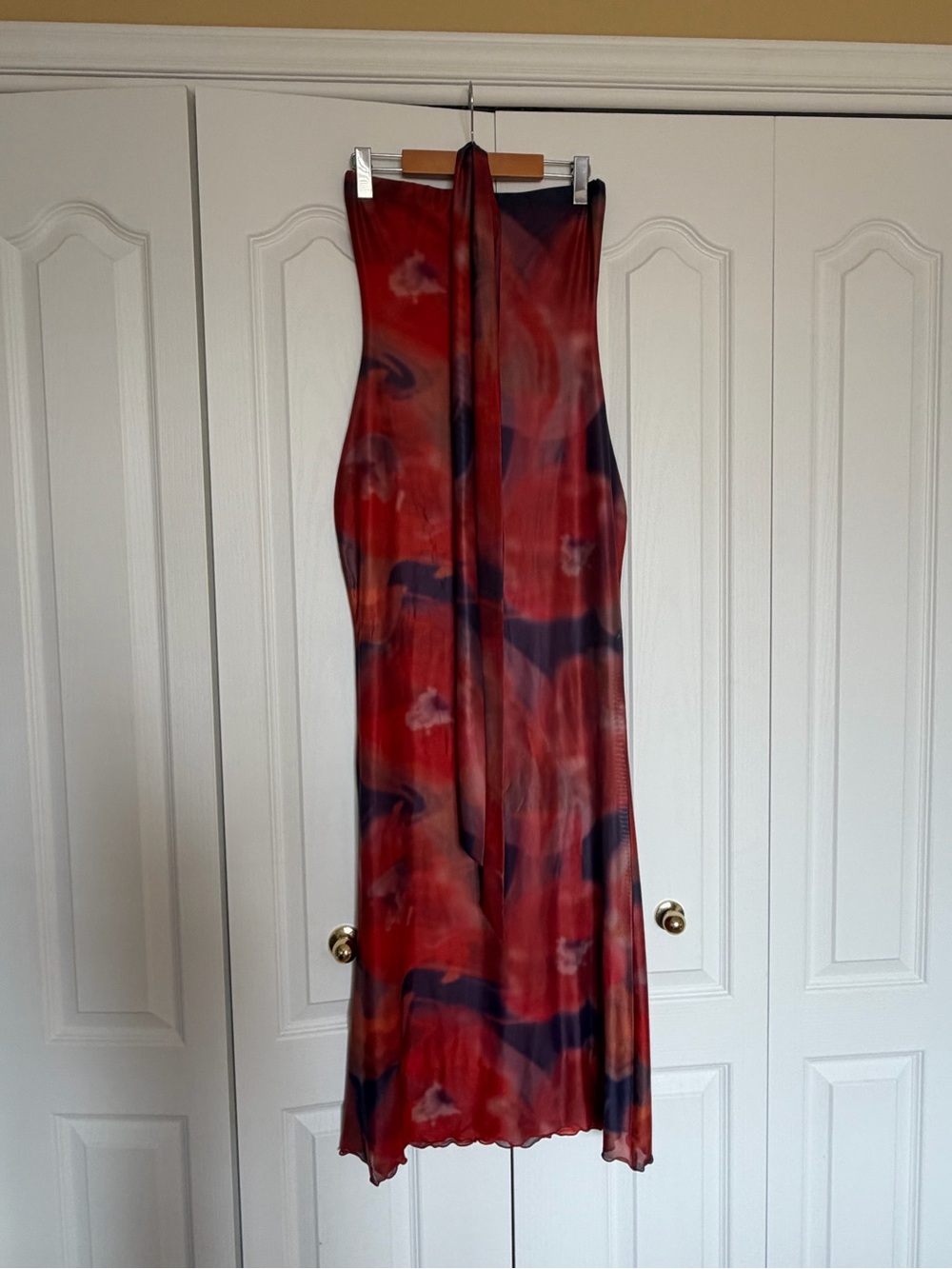 Red & Blue Abstract Halter Midi Dress
